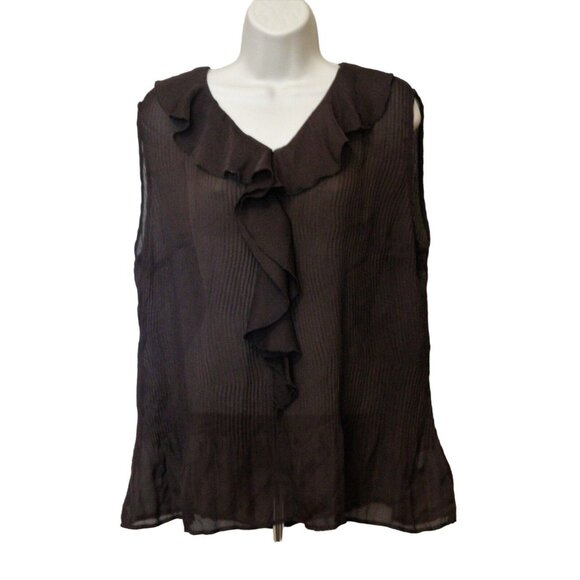 Christopher & Banks Ruffled Top L Dark Brown Sheer Pleated Sleeveless - Picture 8 of 10
